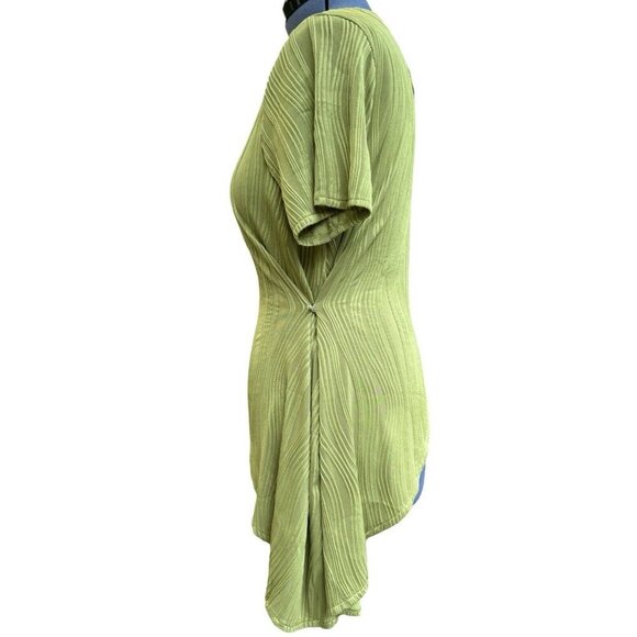 Boho Textured Squiggly Asymmetrical Top Women's XL Lime Green Cut-Out Keyhole - Picture 2 of 16